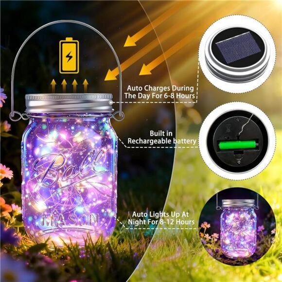 Solar Mason Jar Lights [Upgraded], 12 Pack 30 LED Firefly Fairy String Lights - Picture 3 of 7